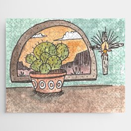 New Mexico Sunset With Cactus & Cross Jigsaw Puzzle