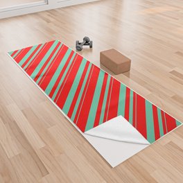 [ Thumbnail: Aquamarine & Red Colored Striped/Lined Pattern Yoga Towel ]
