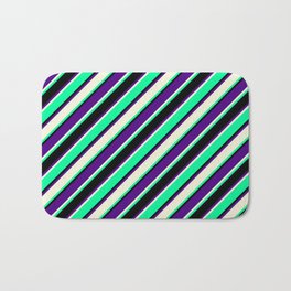 [ Thumbnail: Green, Black, Indigo & Beige Colored Pattern of Stripes Bath Mat ]