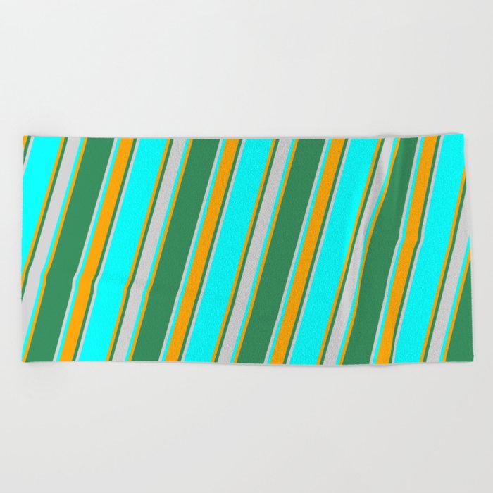 Cyan, Orange, Sea Green, and Light Grey Colored Lined Pattern Beach Towel