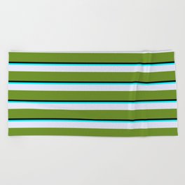 [ Thumbnail: Black, Aqua, Lavender & Green Colored Stripes Pattern Beach Towel ]