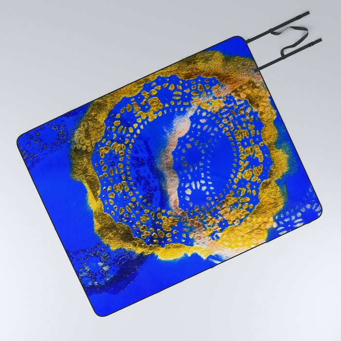 Royal Blue and Gold Abstract Lace Design Picnic Blanket