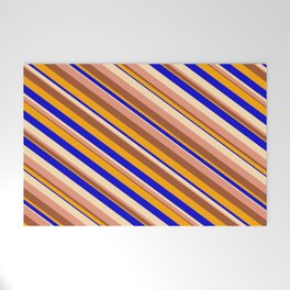 [ Thumbnail: Eyecatching Beige, Dark Salmon, Sienna, Orange, and Blue Colored Striped/Lined Pattern Welcome Mat ]