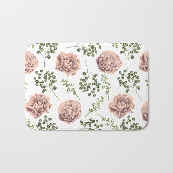 Roses Pattern on White Bath Mat