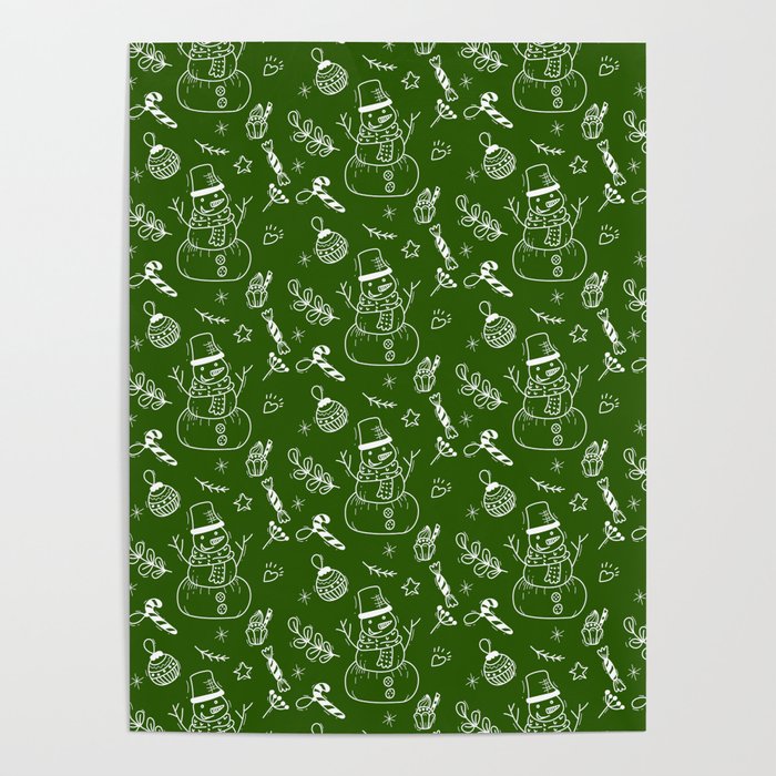 Green and White Christmas Snowman Doodle Pattern Poster