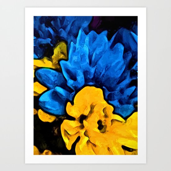 Yellow Flower and Blue Flowers Art Print