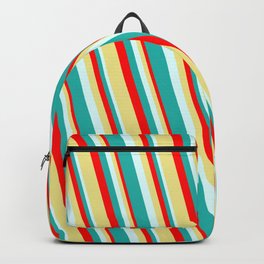 [ Thumbnail: Red, Tan, Light Cyan, and Light Sea Green Colored Lined/Striped Pattern Backpack ]