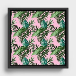 Green Tropical Palm Leaves Pattern 06 | Pink Jungle Framed Canvas