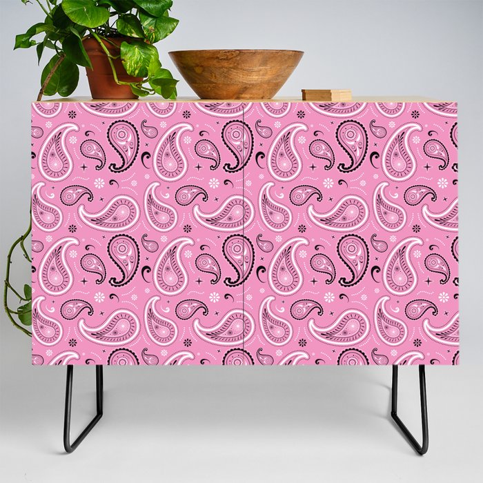 Black and White Paisley Pattern on Pink Background Credenza