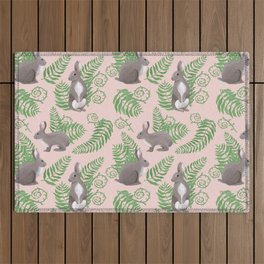 Rabbits and Ferns - Pink Outdoor Rug
