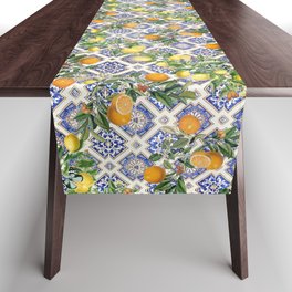 Sicilian Citrus, Mediterranean tiles & vintage lemons & orange fruit pattern Table Runner