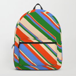 [ Thumbnail: Bisque, Red, Cornflower Blue & Forest Green Colored Stripes/Lines Pattern Backpack ]