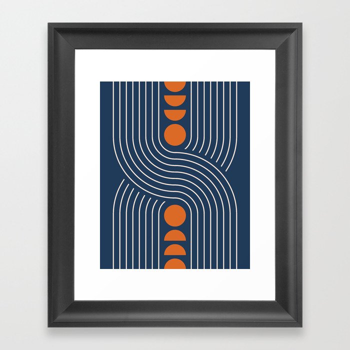 Geometric Lines in Navy and Orange (Rainbow and Moon Phases Abstract) Framed Art Print