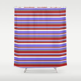 [ Thumbnail: Gray, Red, Beige & Medium Slate Blue Colored Stripes Pattern Shower Curtain ]
