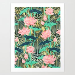 Art Deco Lotus Flowers in Peach & Emerald Art Print