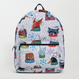 christmas owls, bears, fox, wolf, hare, raccoon, crow, hedgehog in funny hats. Backpack
