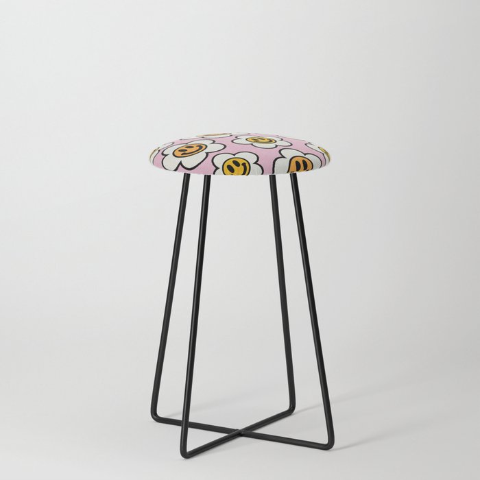 Bold And Funky Flower Smileys Pattern (Pink BG) Counter Stool