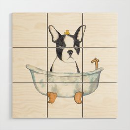 Boston Terrier taking bath watercolor Wood Wall Art