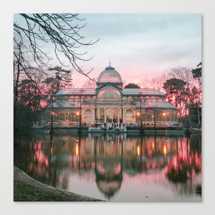Spain Photography - The Glass Palace In Madrid By The Pink Sky  Canvas Print