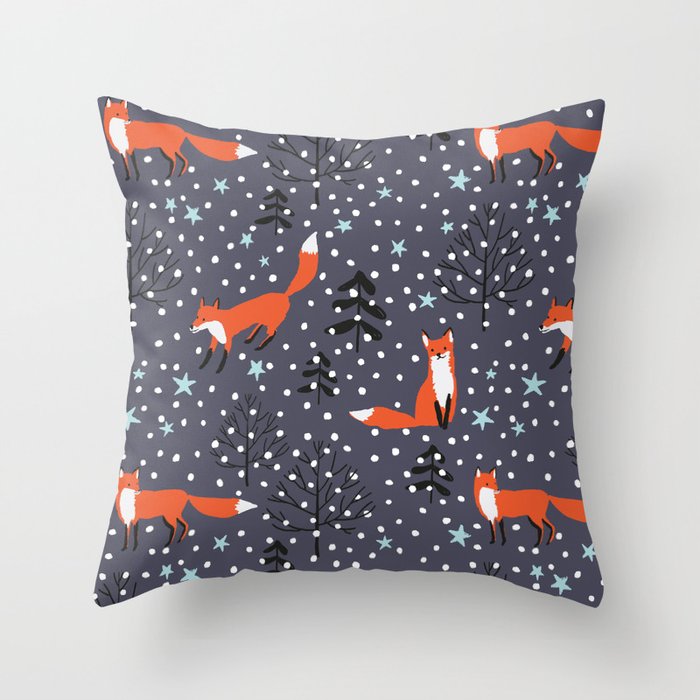 Red foxes in the nignt winter forest Throw Pillow