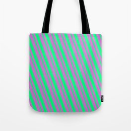 [ Thumbnail: Orchid & Green Colored Lined/Striped Pattern Tote Bag ]