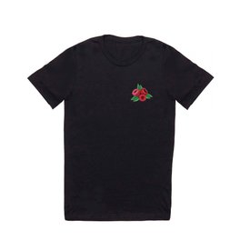 Three raspberries on a branch patern black background T Shirt