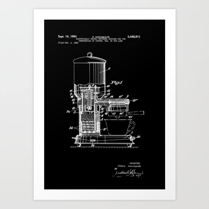Espresso Machine Patent Artwork - White on Black Art Print