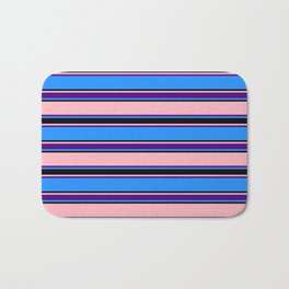 [ Thumbnail: Blue, Black, Light Pink & Indigo Colored Lines Pattern Bath Mat ]