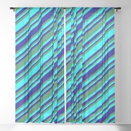 [ Thumbnail: Sea Green, Cyan, and Dark Blue Colored Lines/Stripes Pattern Sheer Curtain ]