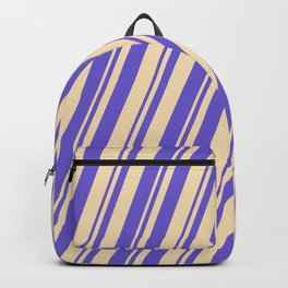 [ Thumbnail: Tan & Slate Blue Colored Striped Pattern Backpack ]