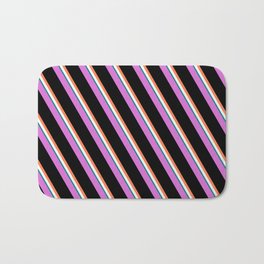 [ Thumbnail: Orchid, Black, Coral, Mint Cream, and Teal Colored Lines/Stripes Pattern Bath Mat ]