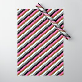 [ Thumbnail: Eye-catching Hot Pink, Brown, Light Cyan, Gray & Black Colored Stripes Pattern Wrapping Paper ]