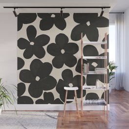 70s Flowers Pattern in Charcoal Grey and Nude Wall Mural
