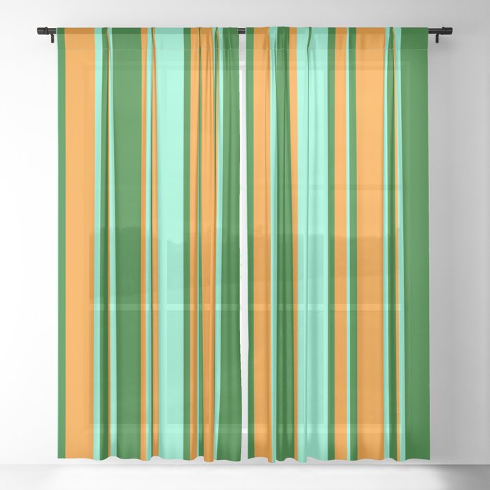Dark Orange, Dark Green, and Aquamarine Colored Stripes Pattern Sheer Curtain