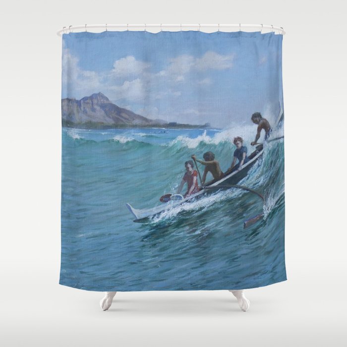 Canoe Surfing, Waikiki, Hawaii nautical seascape painting by D. Howard Hitchcock Shower Curtain