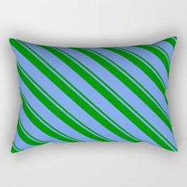 [ Thumbnail: Green and Cornflower Blue Colored Pattern of Stripes Rectangular Pillow ]