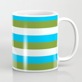 [ Thumbnail: Deep Sky Blue, Green, and Mint Cream Colored Striped/Lined Pattern Coffee Mug ]