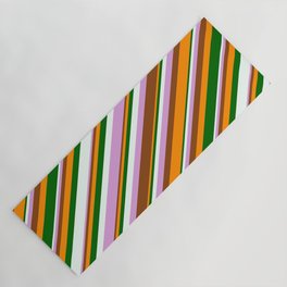 [ Thumbnail: Eyecatching Plum, Brown, Dark Orange, Dark Green & Mint Cream Colored Lined/Striped Pattern Yoga Mat ]