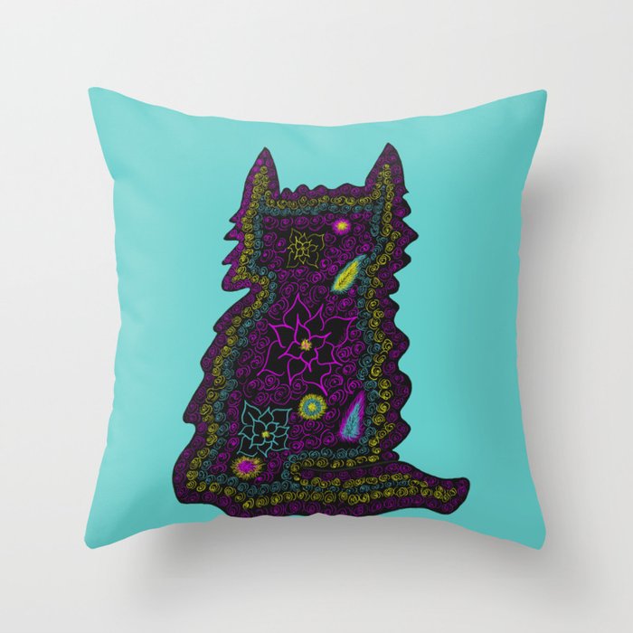 Black Cat With Roses Throw Pillow | Drawing, Digital, Cat, Black-cat, Roses, Flowers, Teal, Purple, Yellow, Pink