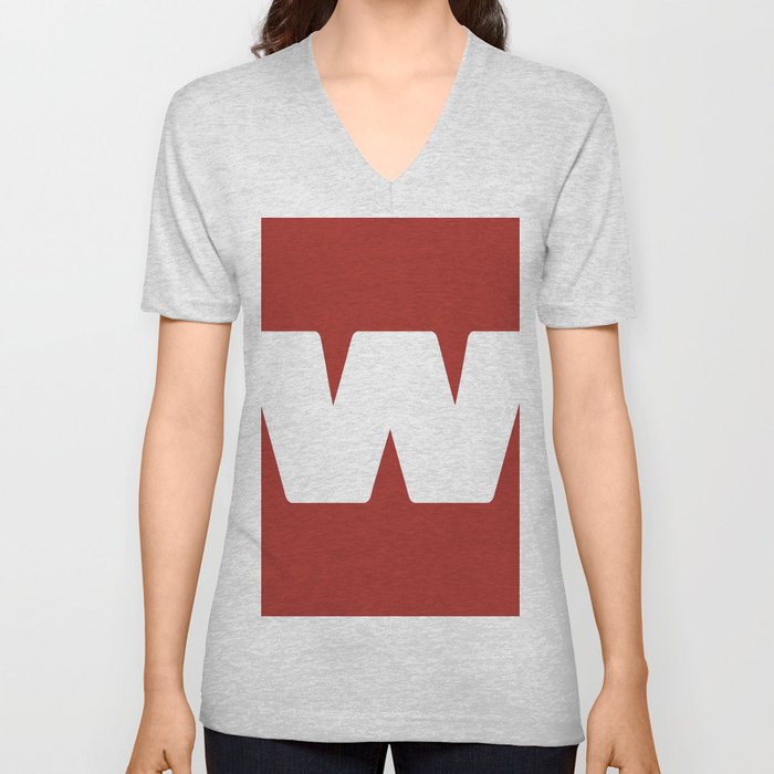 w (White & Maroon Letter) V Neck T Shirt