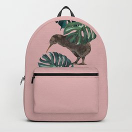 Kiwi Bird with Monstera in Pink Backpack
