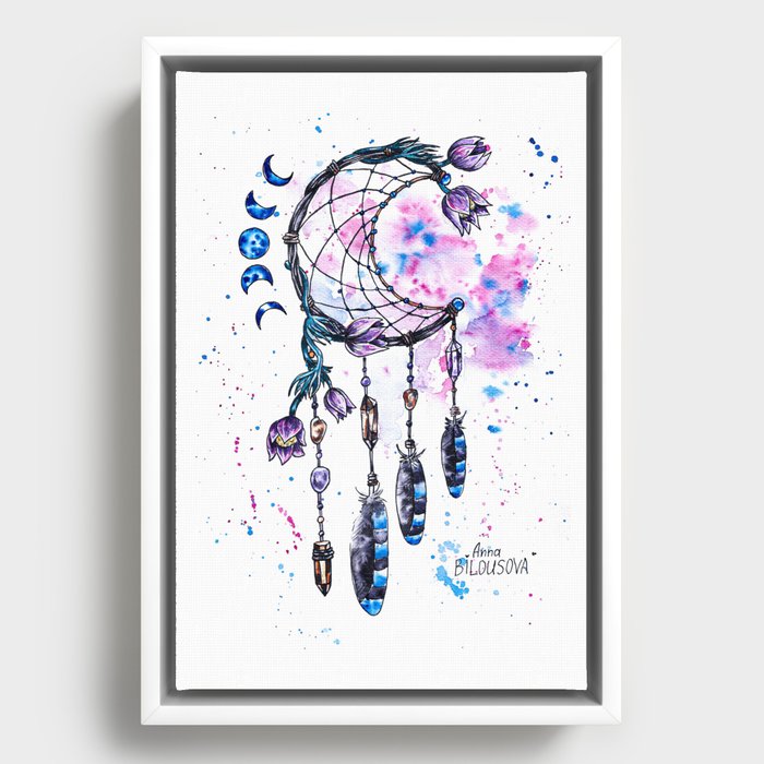 Dreamcatcher, Watercolor ink painting, amethyst rauchtopaz crystal,pasque-flower,moon phases, flowers magic illustration,witch decor Framed Canvas