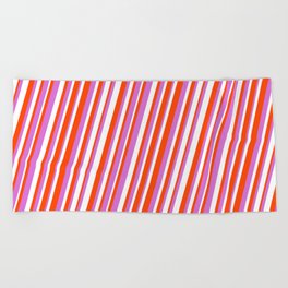 [ Thumbnail: Red, Orchid & White Colored Lined/Striped Pattern Beach Towel ]