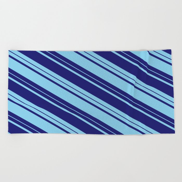 Midnight Blue and Sky Blue Colored Lines Pattern Beach Towel