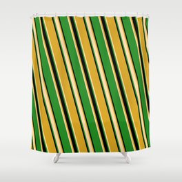 [ Thumbnail: Goldenrod, Tan, Forest Green, and Black Colored Striped/Lined Pattern Shower Curtain ]