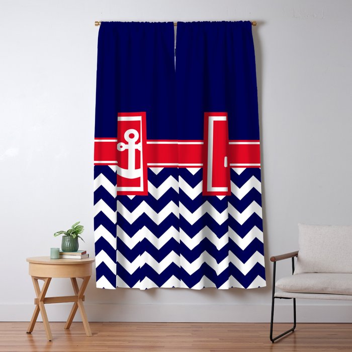 Navy Blue Chevron Red And White Anchor Blackout Curtain By
