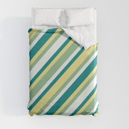 [ Thumbnail: Tan, Dark Sea Green, Mint Cream & Teal Colored Lines/Stripes Pattern Duvet Cover ]