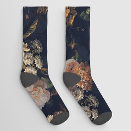 Antique Botanical Peach Roses And Chamomile Midnight Garden Socks
