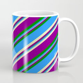 [ Thumbnail: Blue, Pale Goldenrod, Purple & Green Colored Lined/Striped Pattern Coffee Mug ]