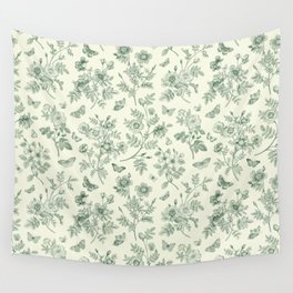 Toile de Jouy Wild Roses & Butterflies Forest Green Floral Wall Tapestry